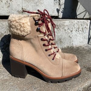 Naturalizer Suede Lug Sole Heel Lace Up Ankle Boots w/ Sherpa Fur Type Trim 8.5